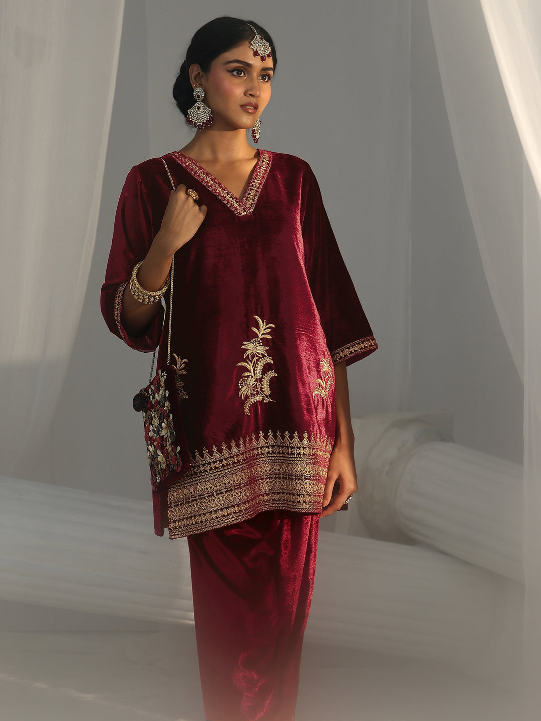  Libas Maroon Embroidered Velvet Co-Ord Set 