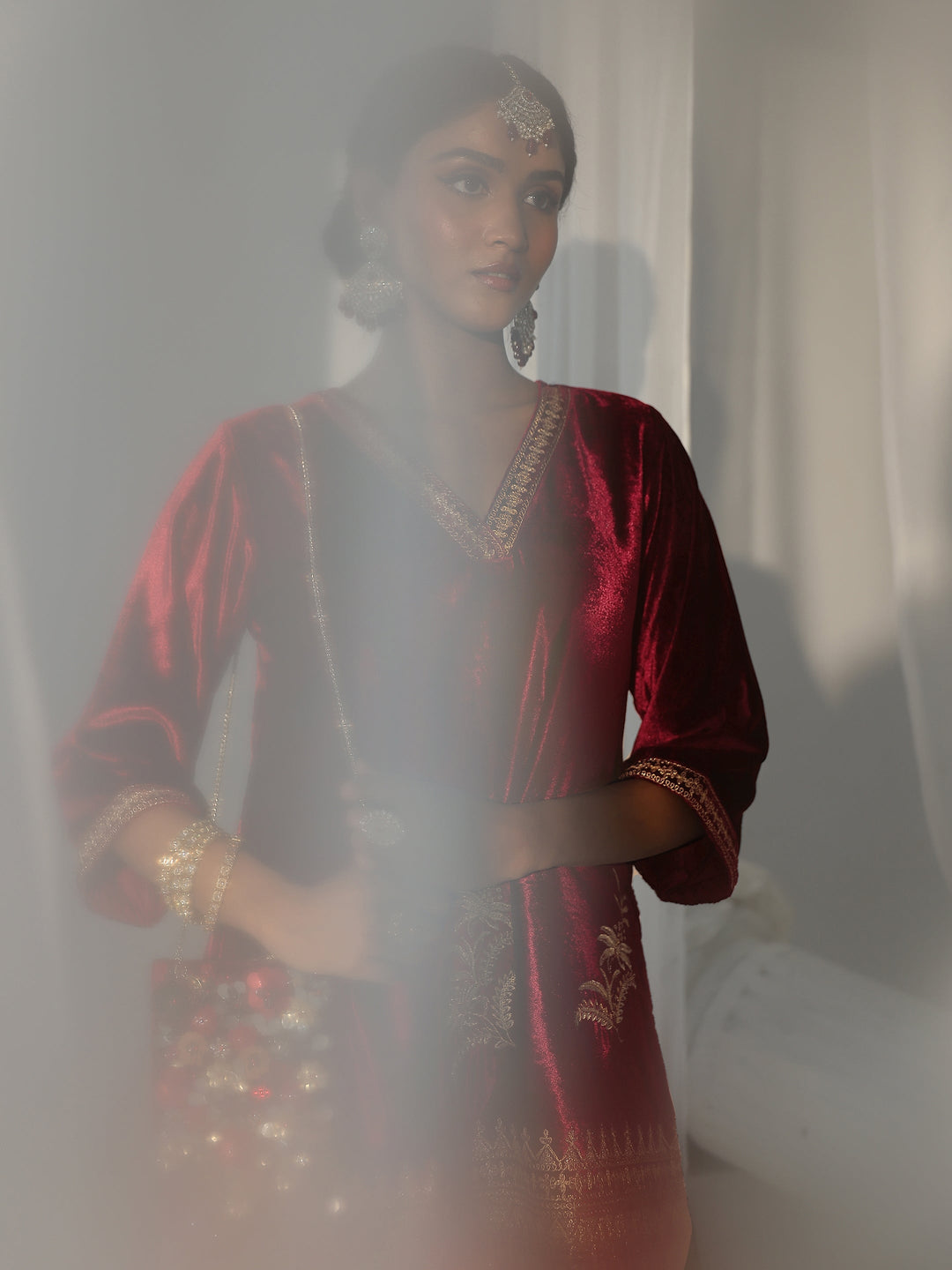  Libas Maroon Embroidered Velvet Co-Ord Set 