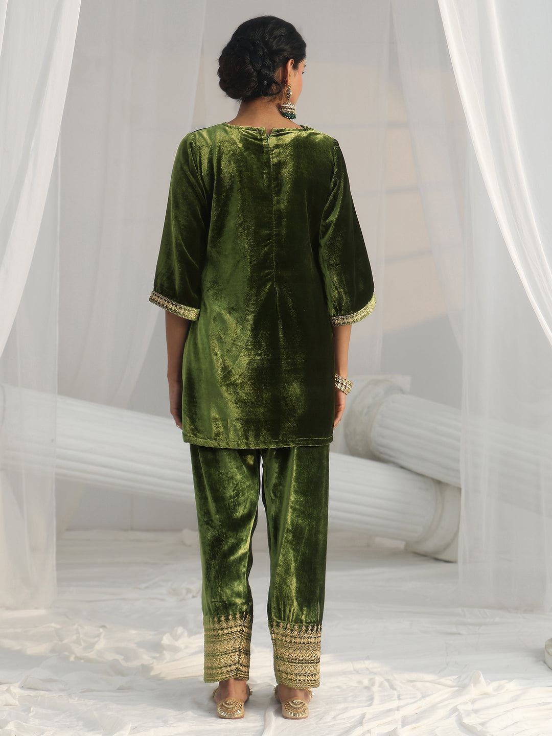  Libas Olive Green Embroidered Velvet Co-Ord Set 