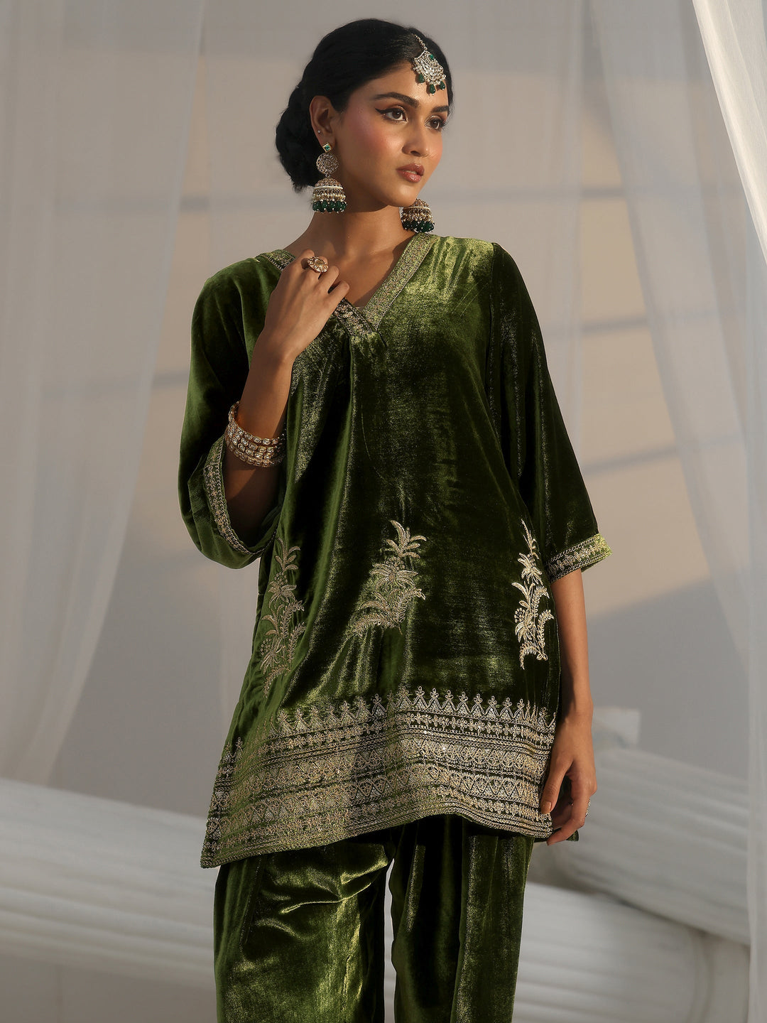  Libas Olive Green Embroidered Velvet Co-Ord Set 