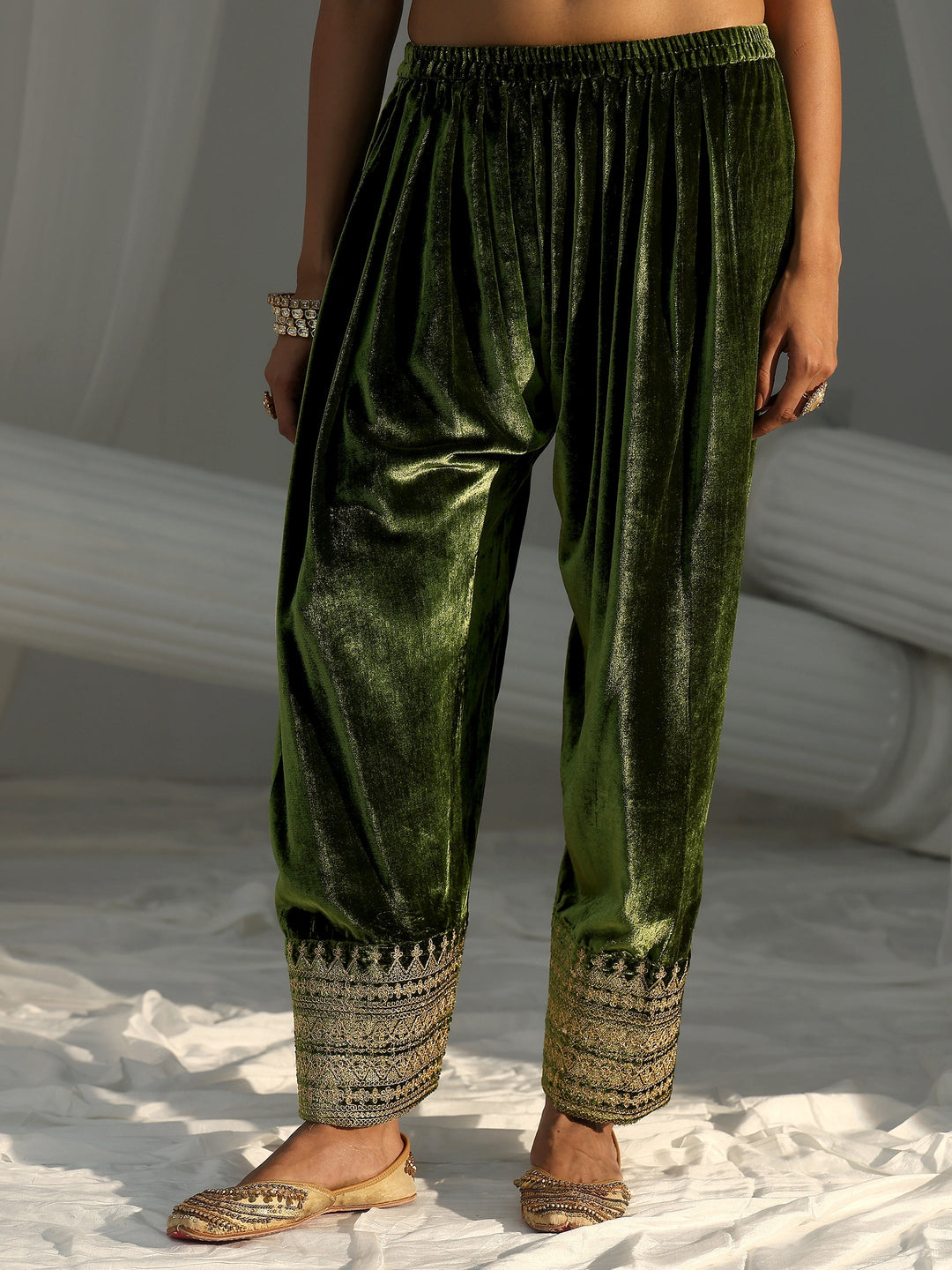  Libas Olive Green Embroidered Velvet Co-Ord Set 