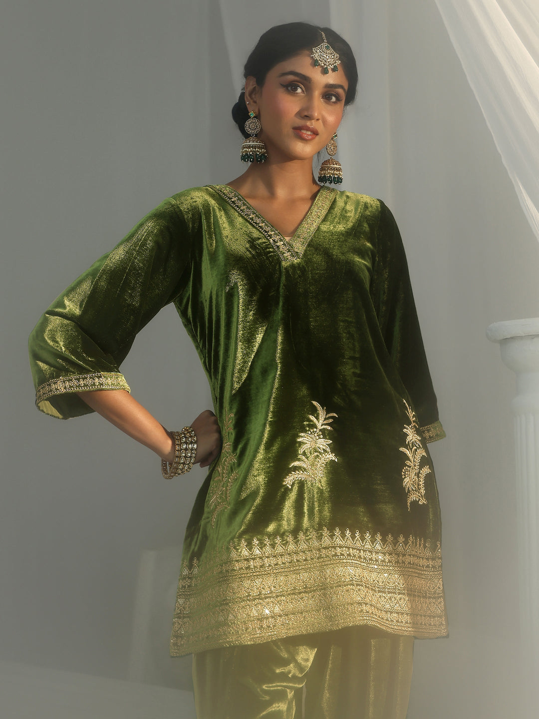  Libas Olive Green Embroidered Velvet Co-Ord Set 