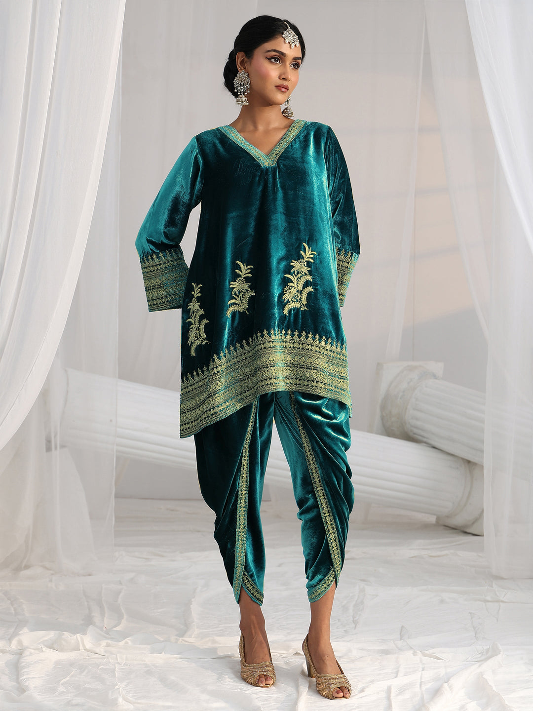  Libas Turquoise Blue Embroidered Velvet Co-Ord Set 
