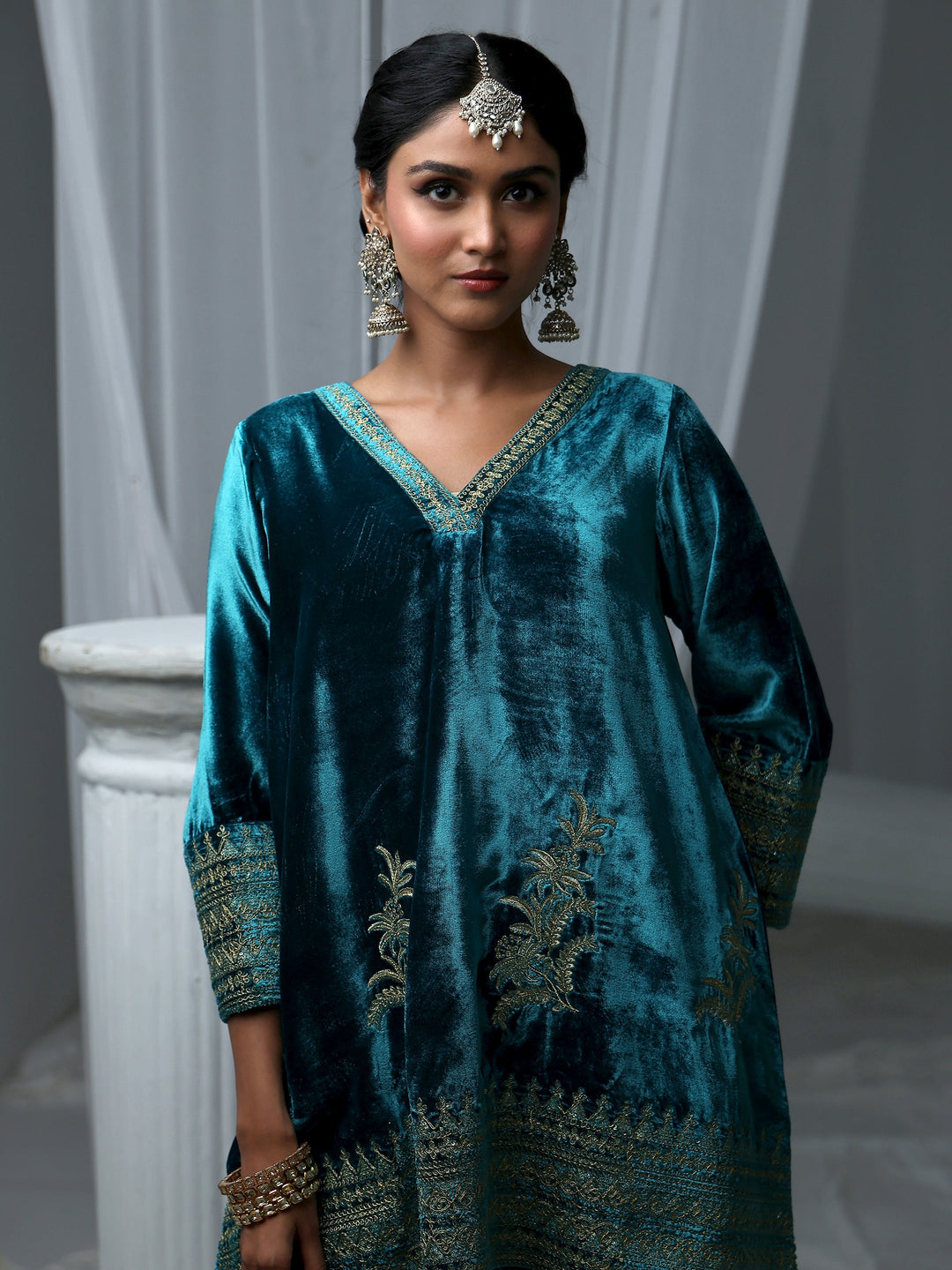  Libas Turquoise Blue Embroidered Velvet Co-Ord Set 
