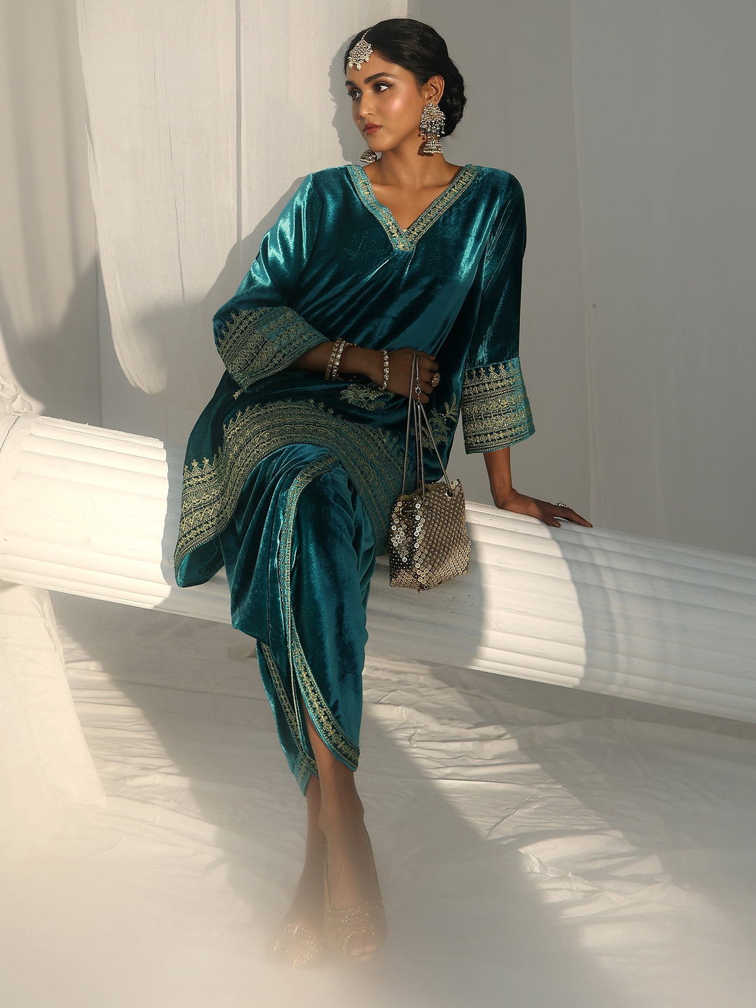  Libas Turquoise Blue Embroidered Velvet Co-Ord Set 