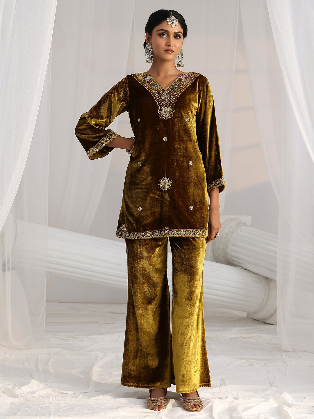  Libas Mustard Emellished Velvet Co-Ord Set 