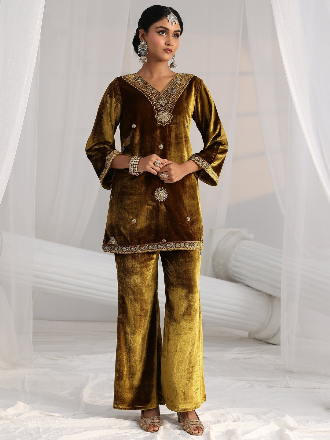  Libas Mustard Emellished Velvet Co-Ord Set 