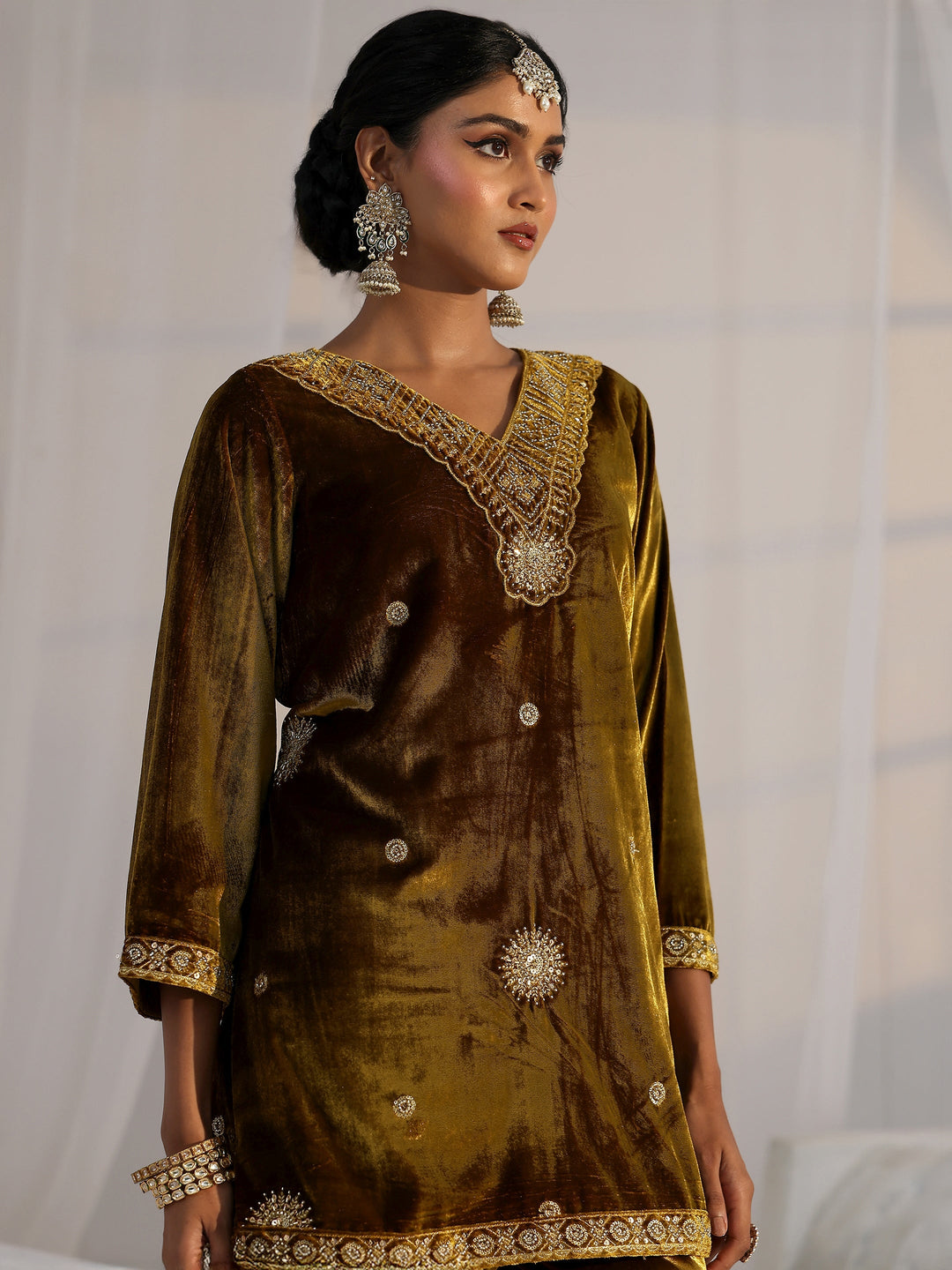  Libas Mustard Emellished Velvet Co-Ord Set 