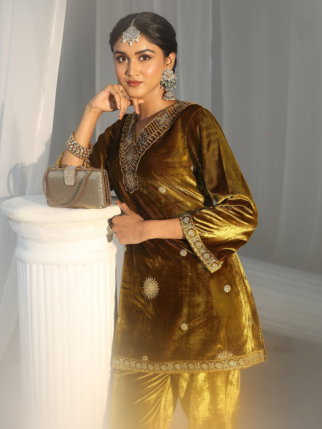  Libas Mustard Emellished Velvet Co-Ord Set 