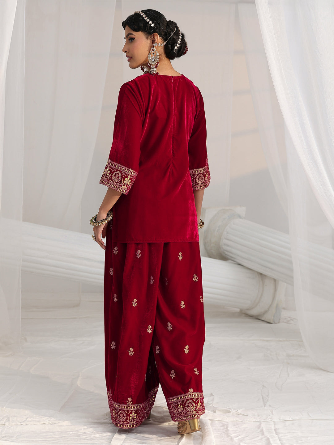  Libas Crimson Red Floral Embroidered Velvet Co-Ord Set 