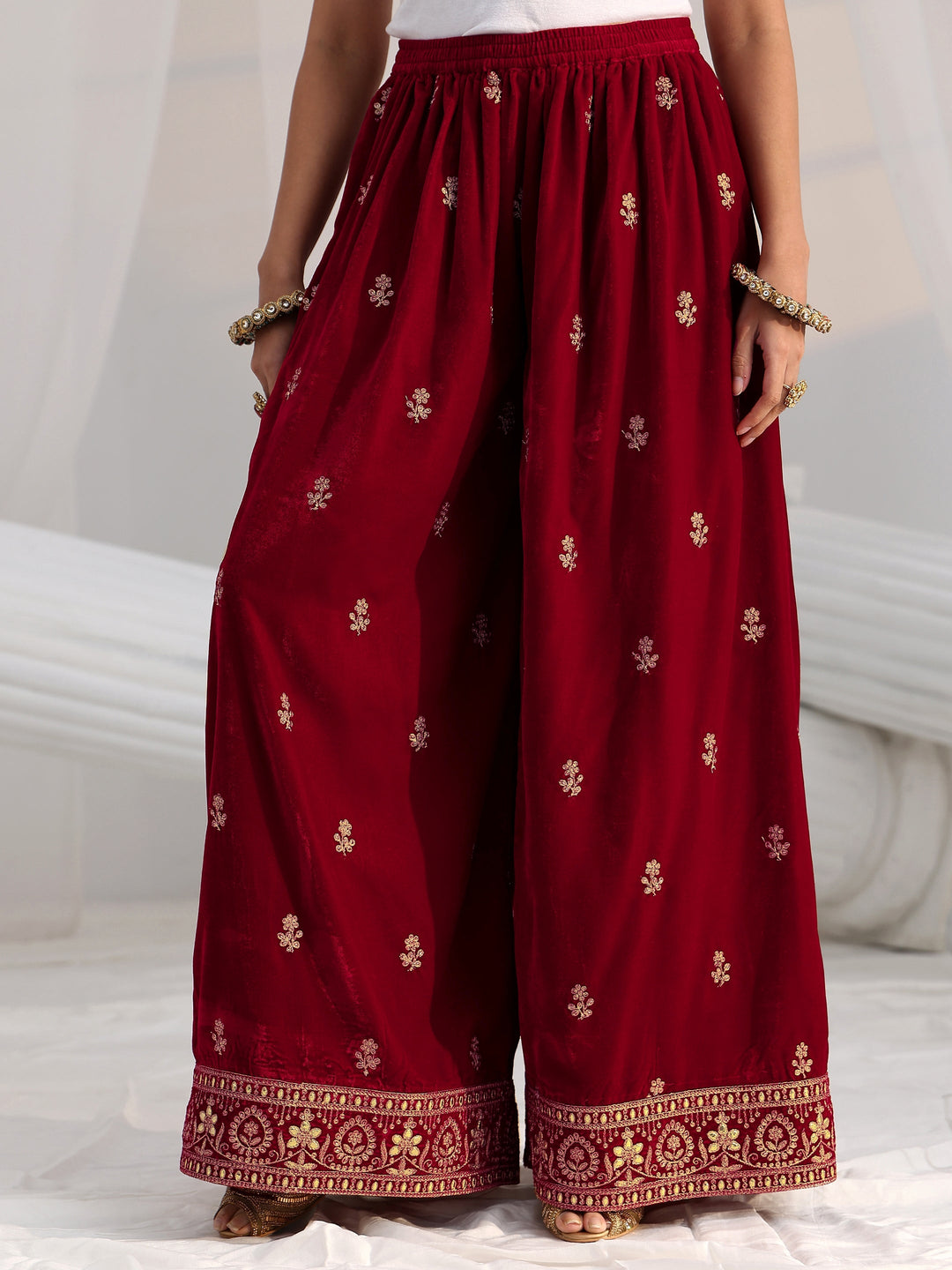  Libas Crimson Red Floral Embroidered Velvet Co-Ord Set 