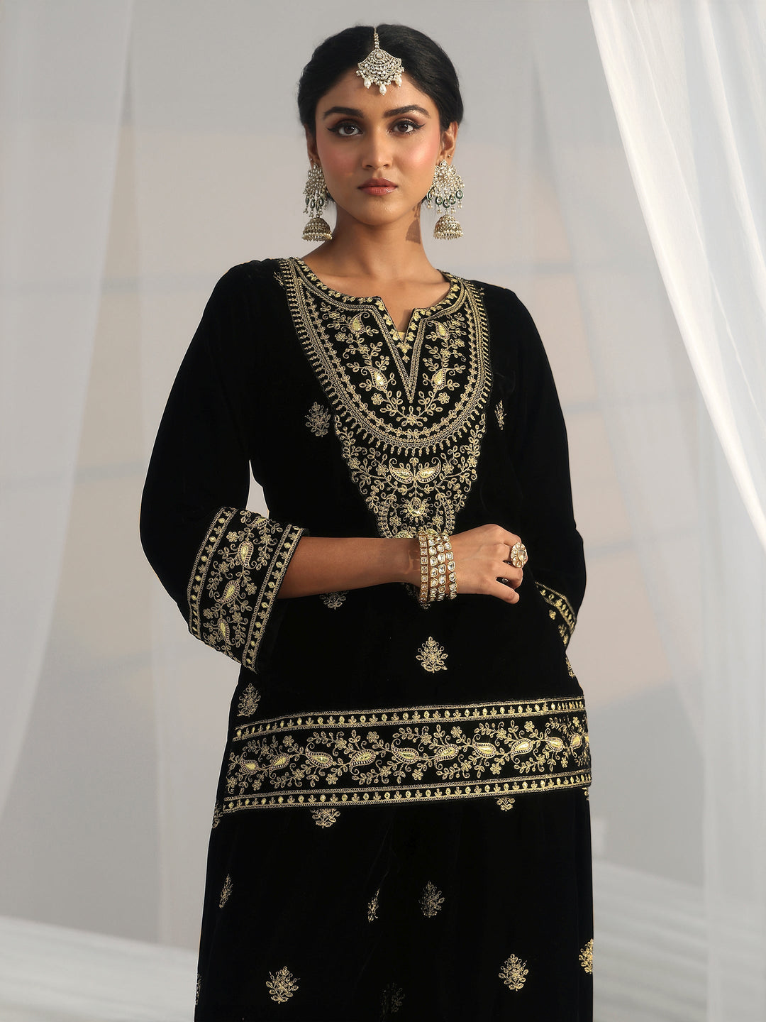  Libas Black Yoke Embroidered Design Velvet Co-Ord Set 
