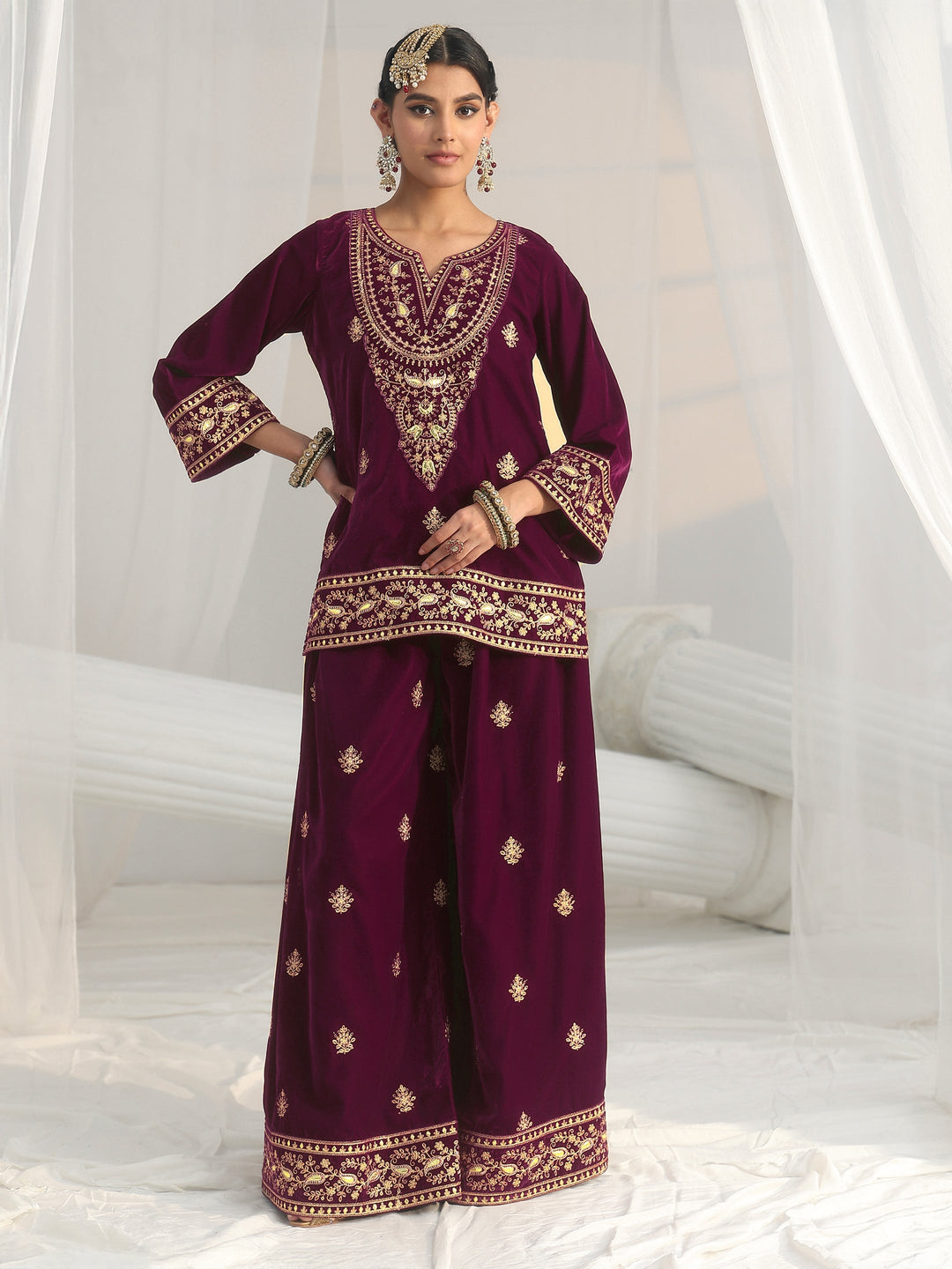  Libas Burgundy Yoke Embroidered Design Velvet Co-Ord Set 