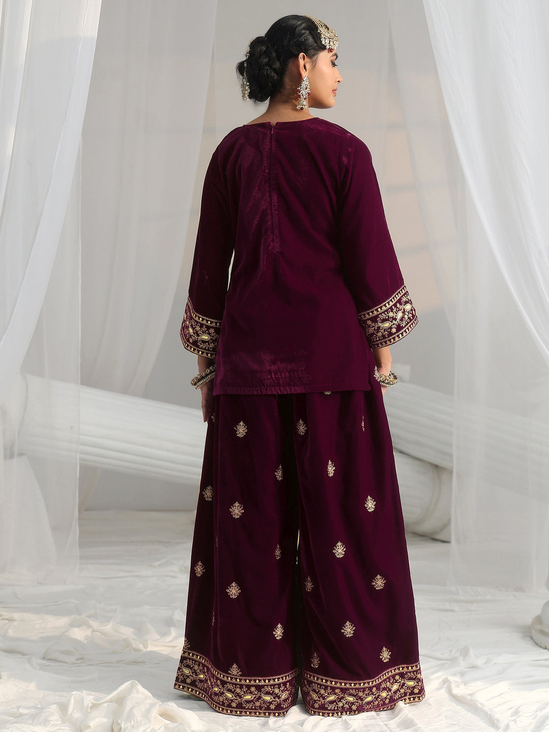  Libas Burgundy Yoke Embroidered Design Velvet Co-Ord Set 