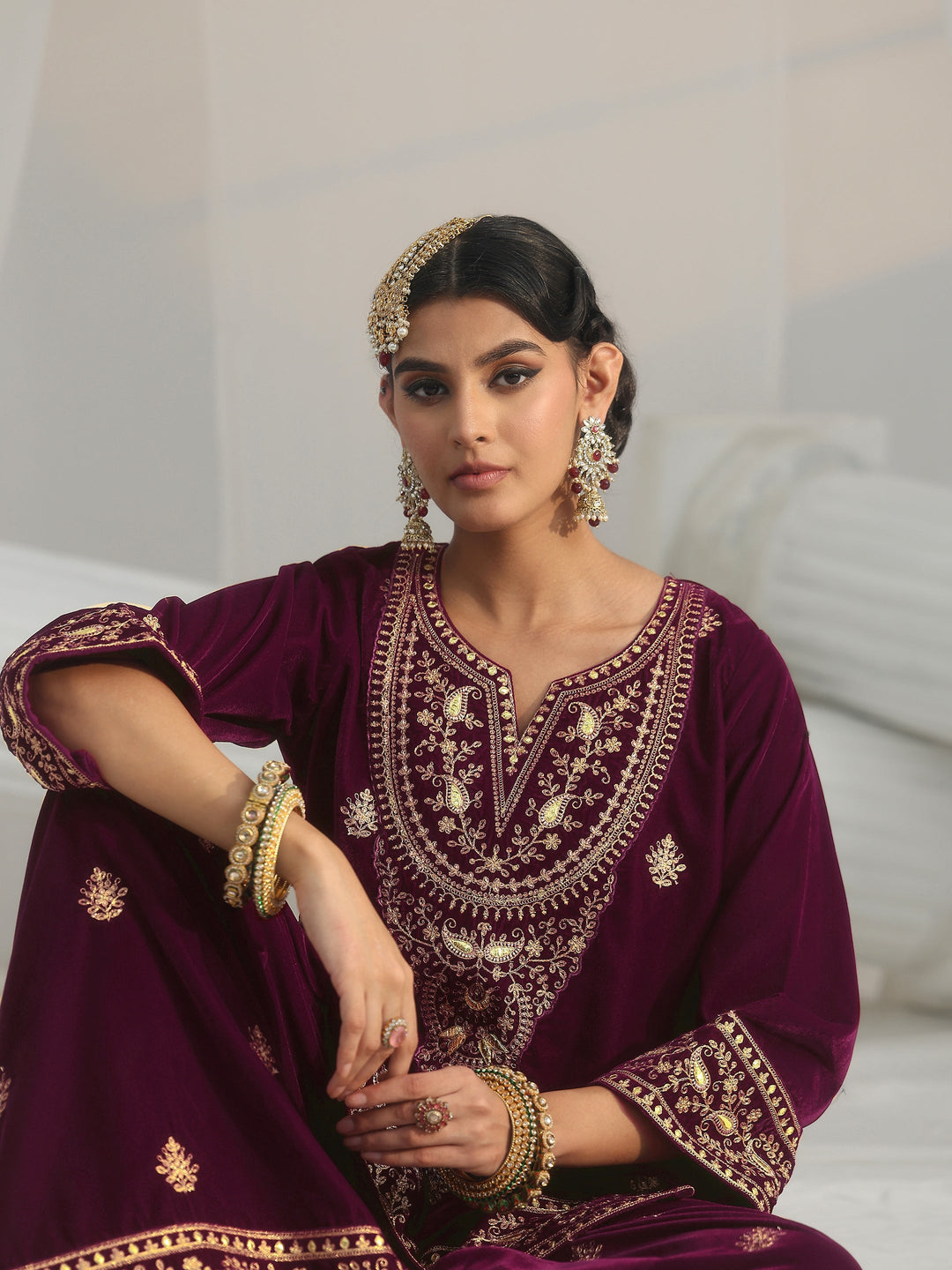  Libas Burgundy Yoke Embroidered Design Velvet Co-Ord Set 
