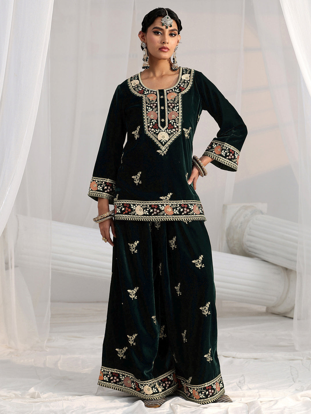  Libas Dark Teal Green Yoke Embroidered Design Velvet Co-Ord Set 