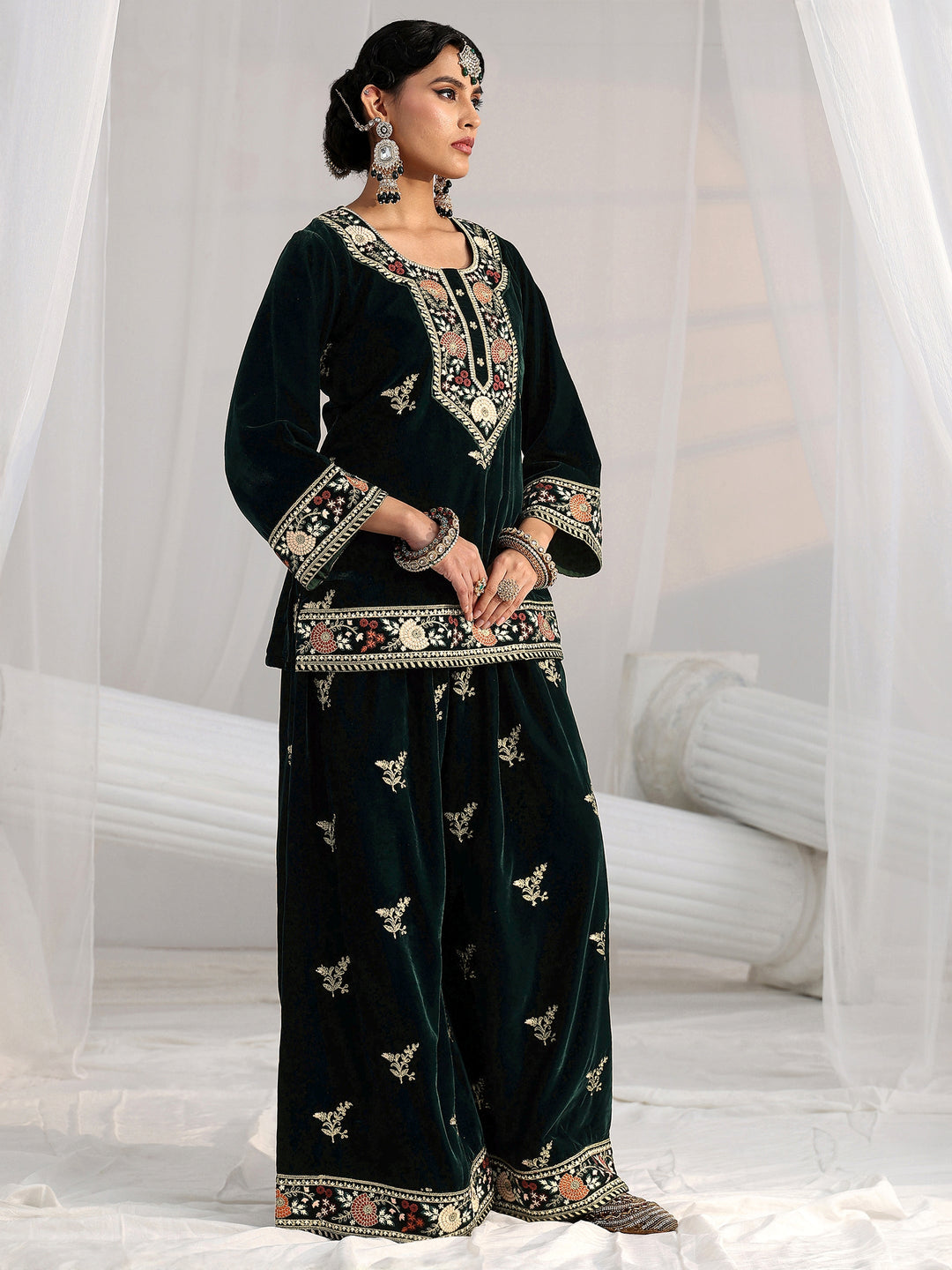  Libas Dark Teal Green Yoke Embroidered Design Velvet Co-Ord Set 