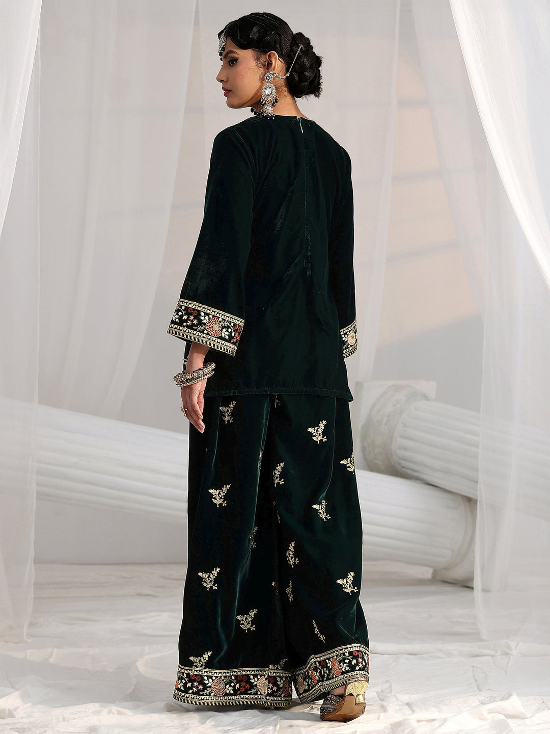  Libas Dark Teal Green Yoke Embroidered Design Velvet Co-Ord Set 