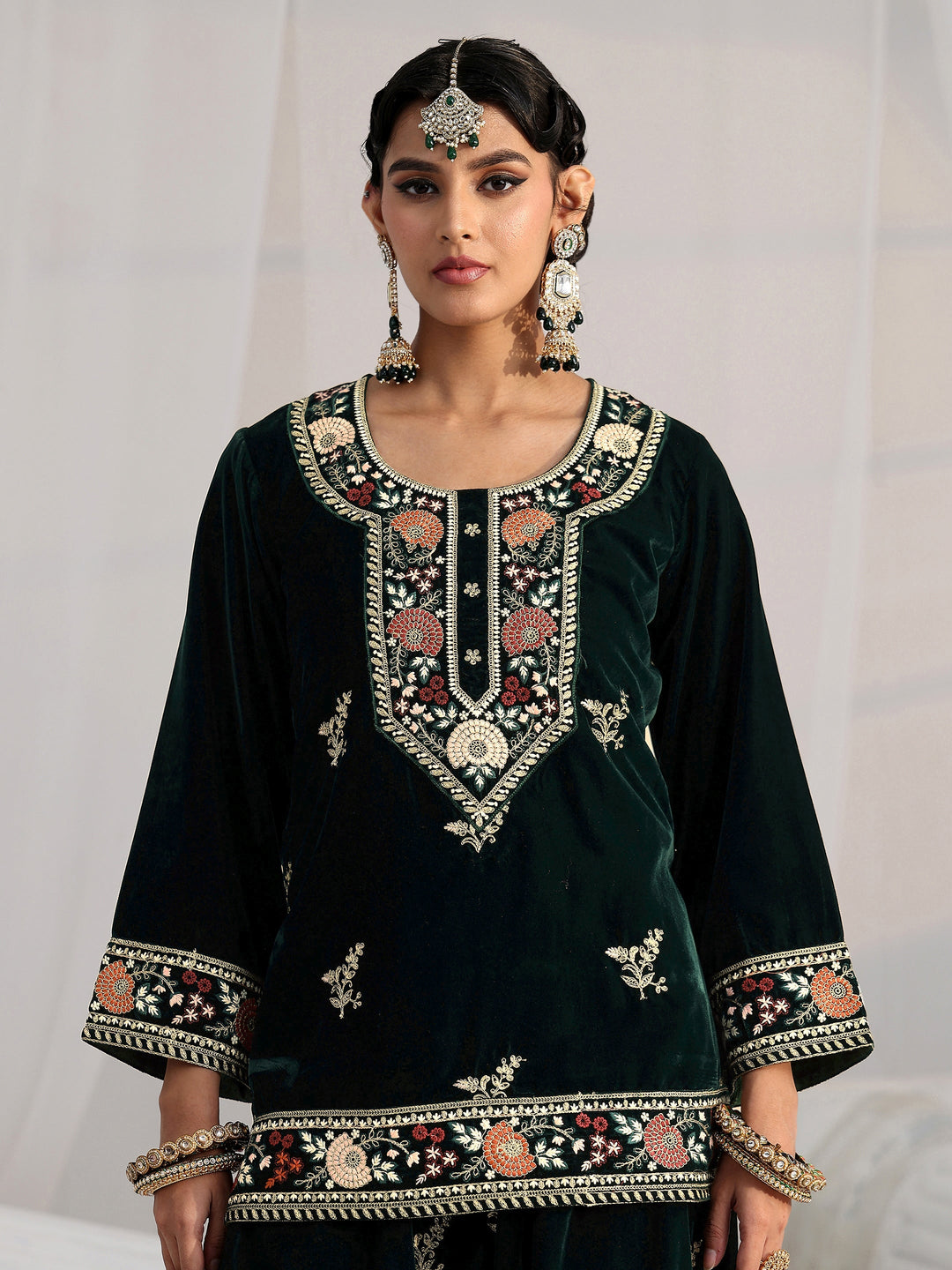  Libas Dark Teal Green Yoke Embroidered Design Velvet Co-Ord Set 