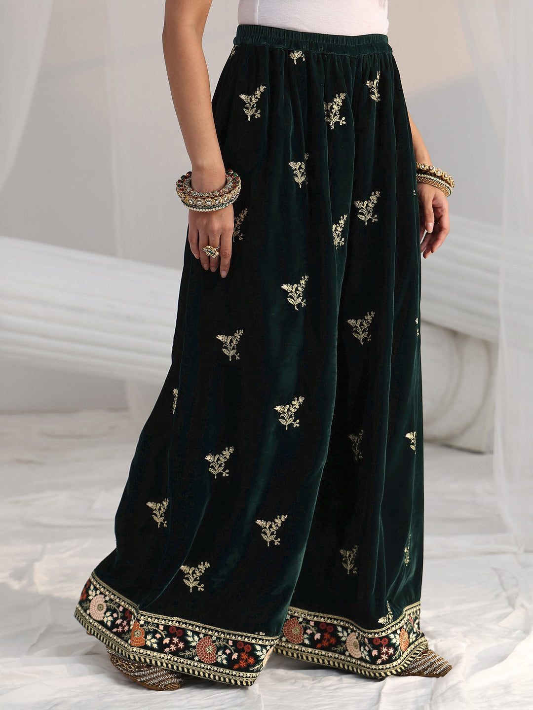  Libas Dark Teal Green Yoke Embroidered Design Velvet Co-Ord Set 
