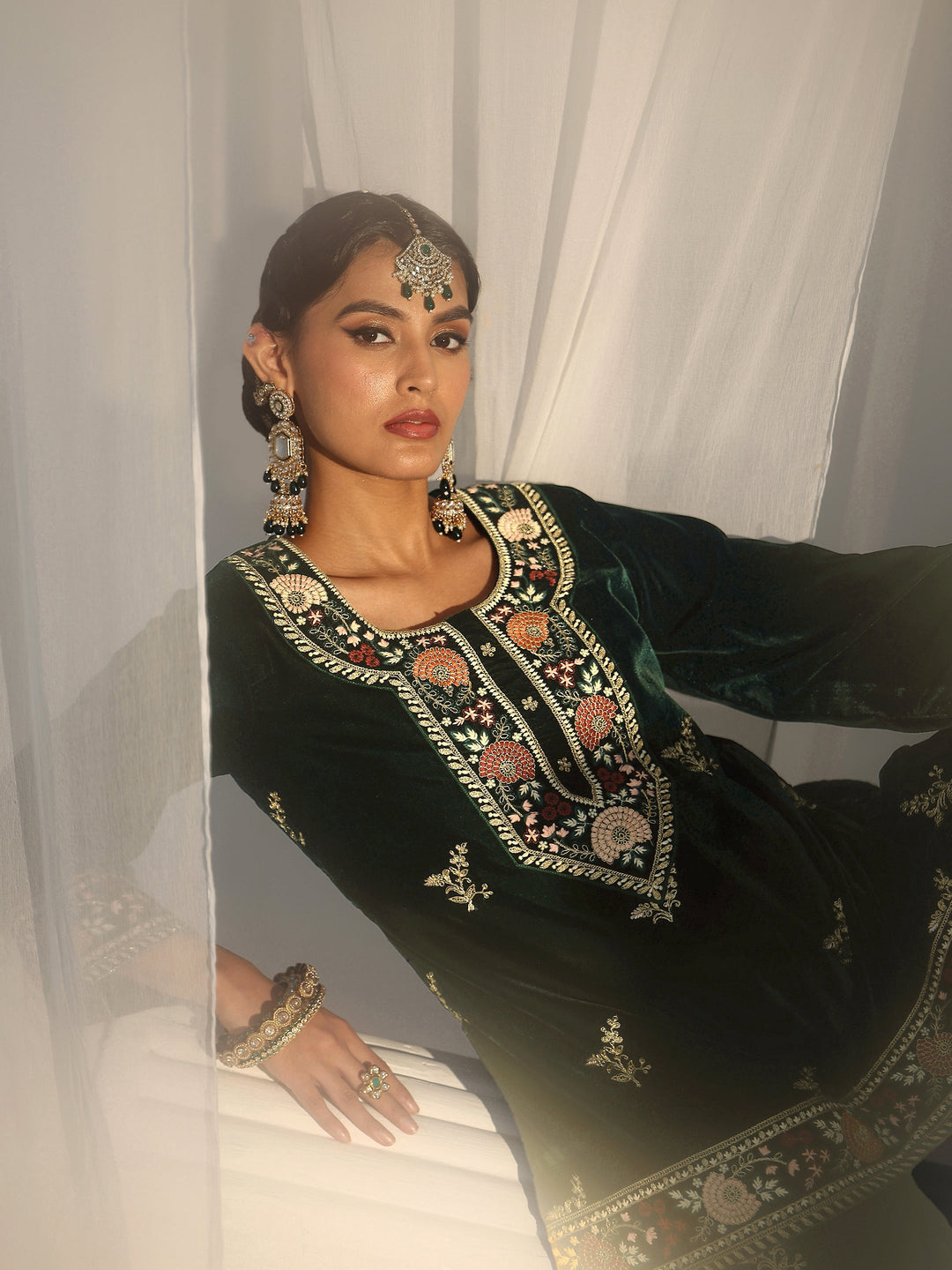  Libas Dark Teal Green Yoke Embroidered Design Velvet Co-Ord Set 
