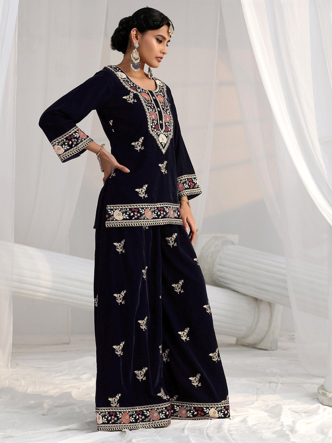  Libas Navy Blue Yoke Embroidered Design Velvet Co-Ord Set 