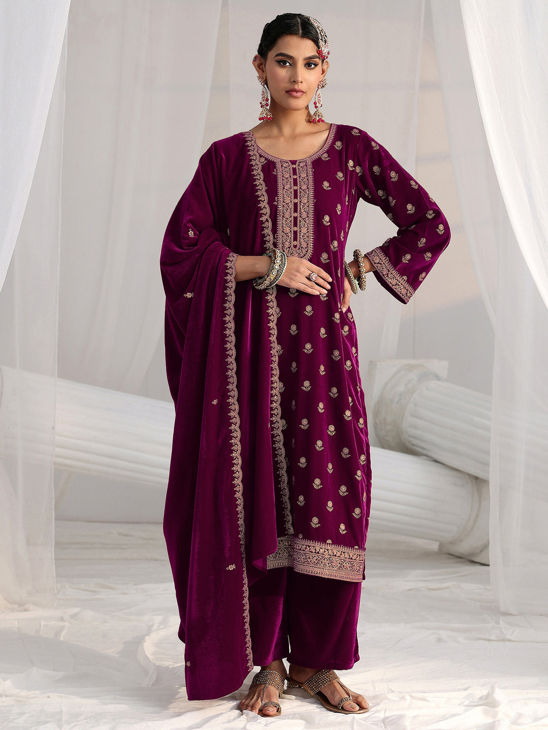  Libas Magenta Floral Embroidered Velvet Straight Suit Set 