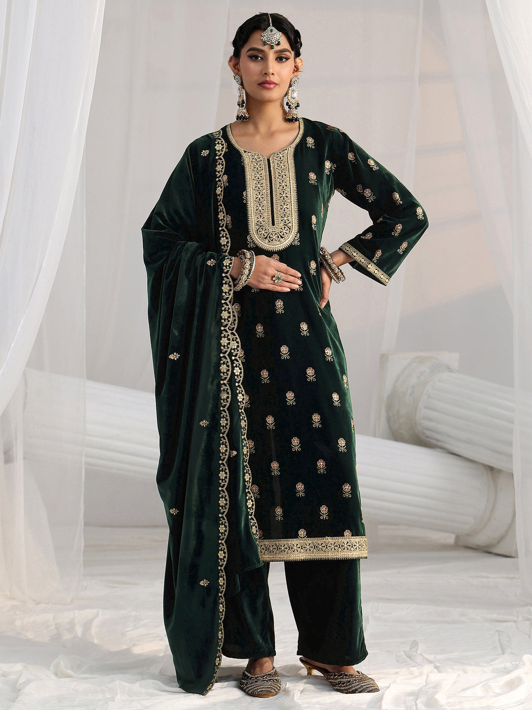  Libas Dark Teal Green Floral Embroidered Velvet Straight Suit Set 