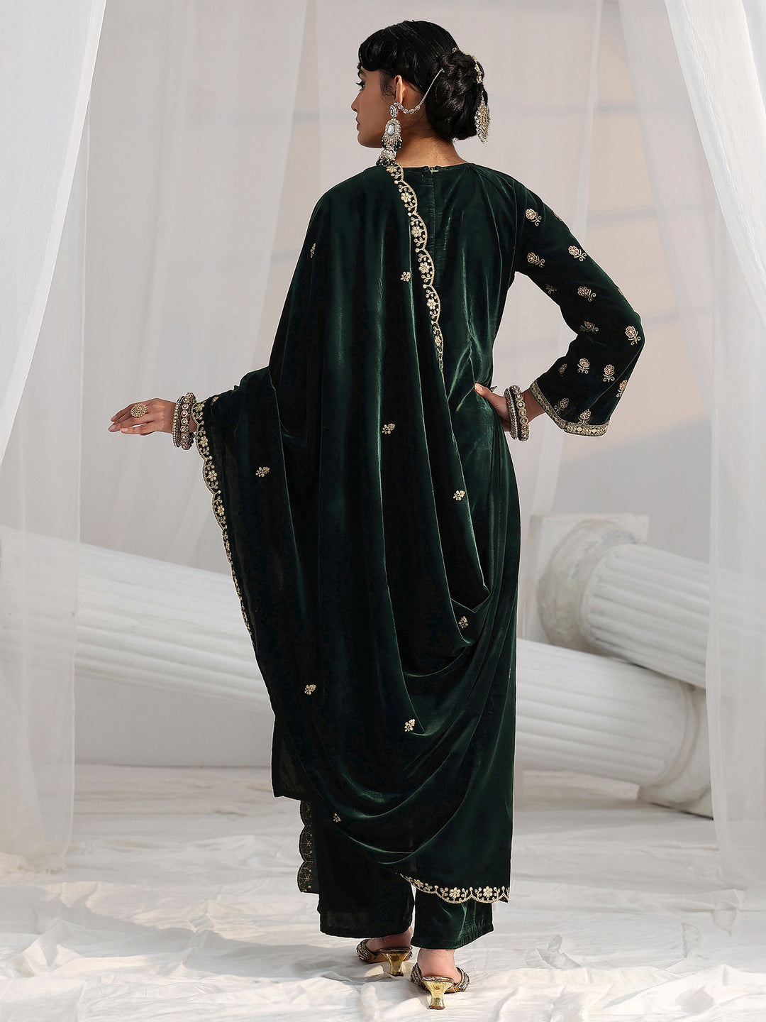  Libas Dark Teal Green Floral Embroidered Velvet Straight Suit Set 