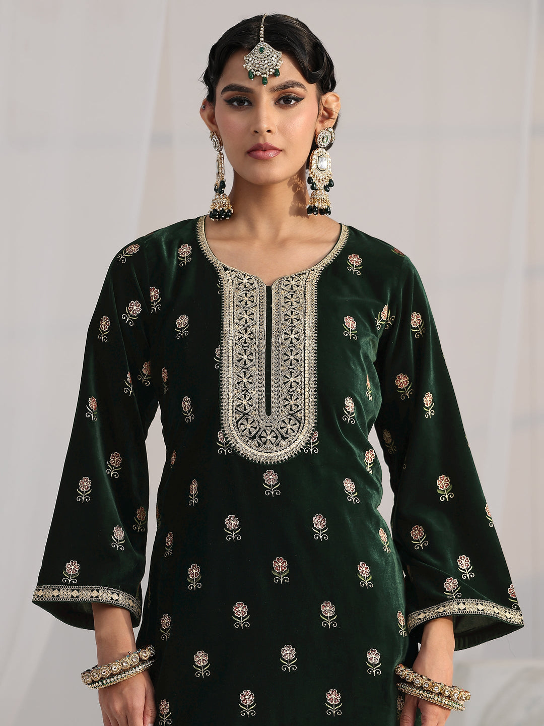 Libas Dark Teal Green Floral Embroidered Velvet Straight Suit Set 