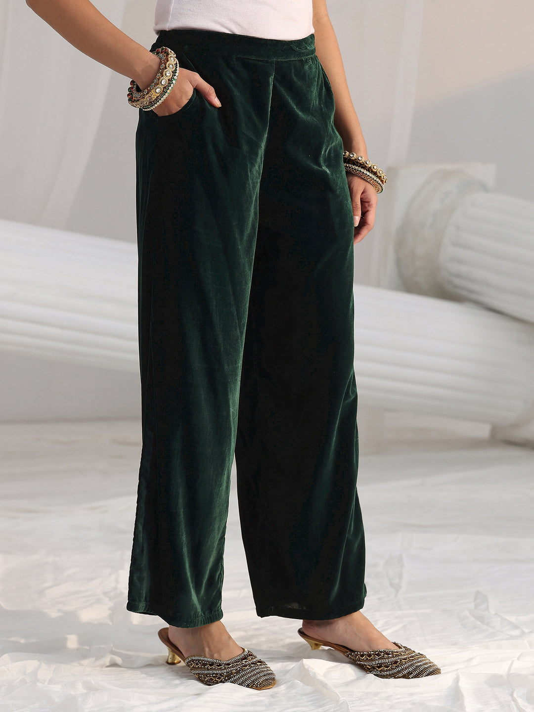  Libas Dark Teal Green Floral Embroidered Velvet Straight Suit Set 