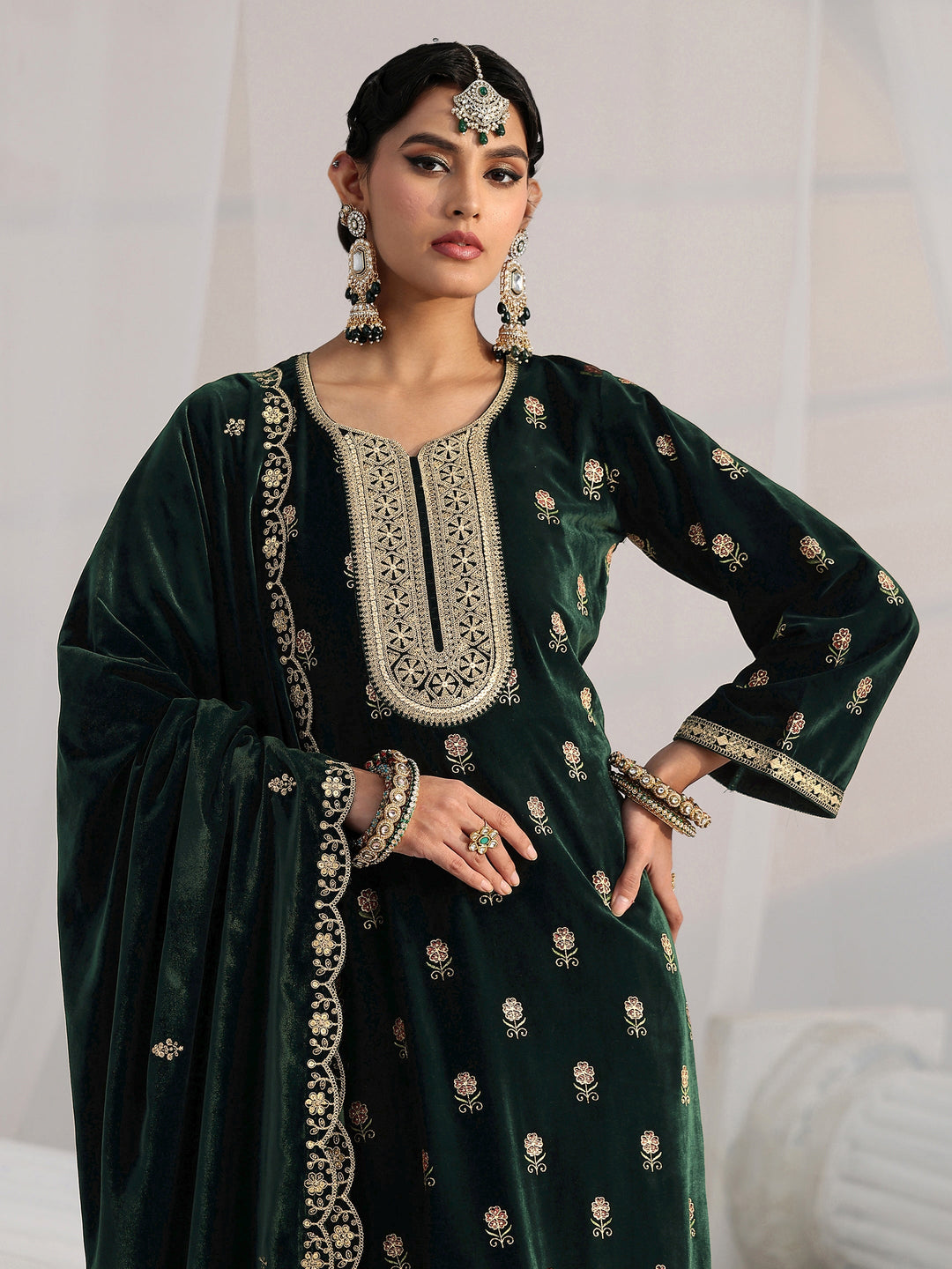  Libas Dark Teal Green Floral Embroidered Velvet Straight Suit Set 
