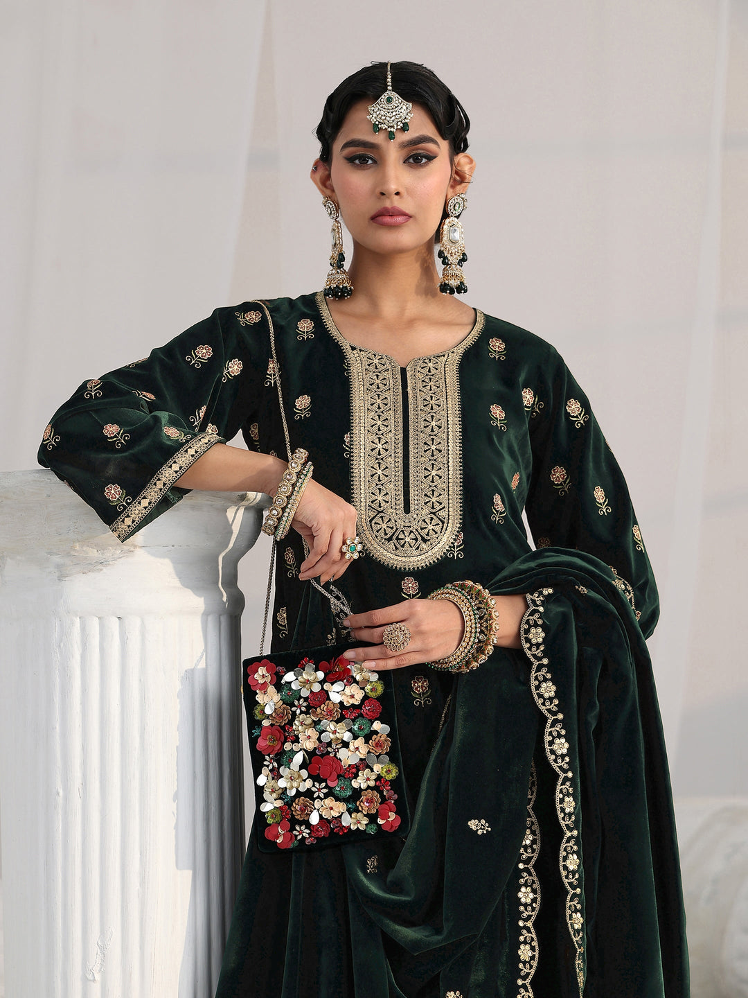  Libas Dark Teal Green Floral Embroidered Velvet Straight Suit Set 