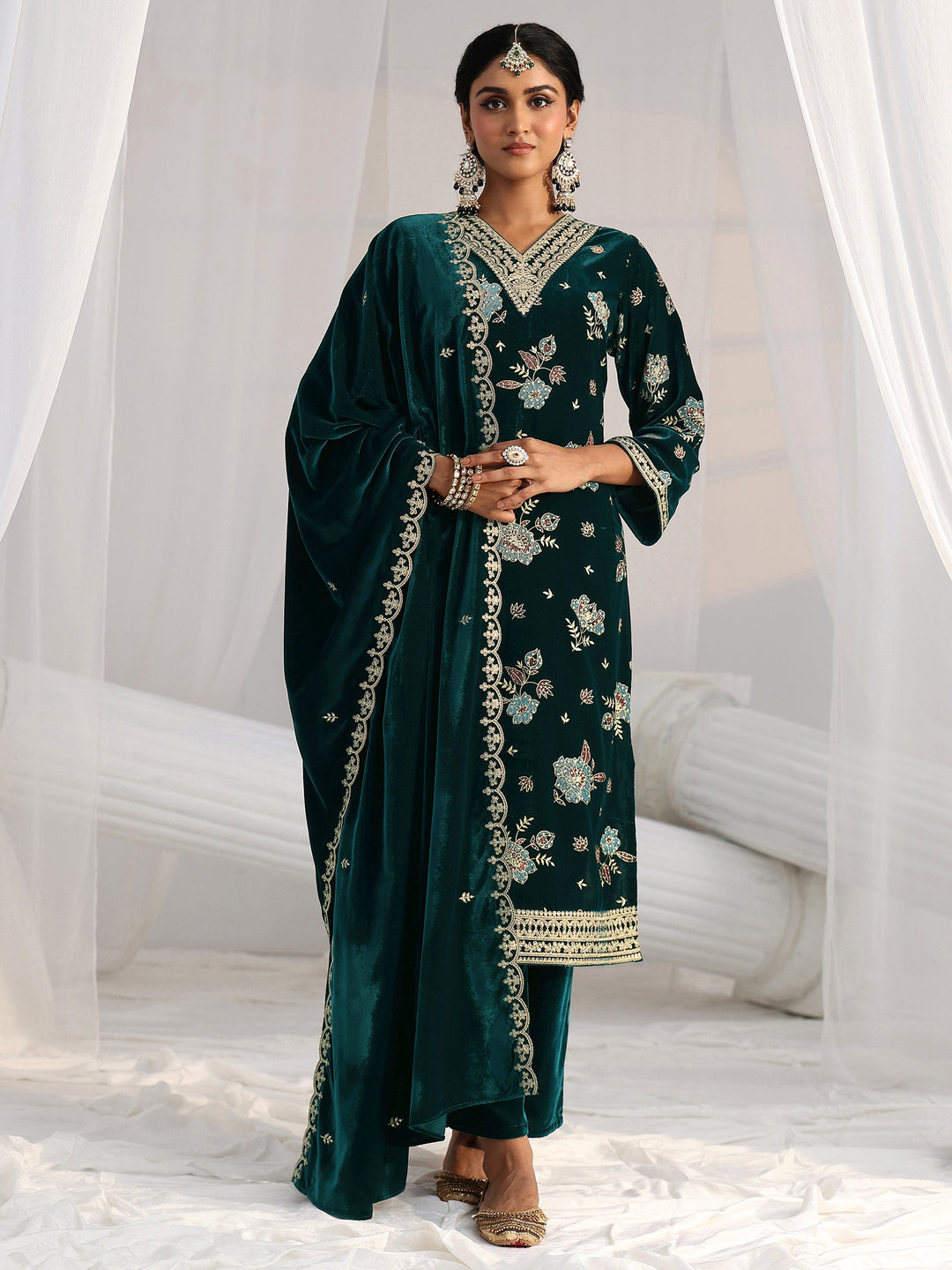  Libas Peacock Green Floral Embroidered Velvet Straight Suit Set 