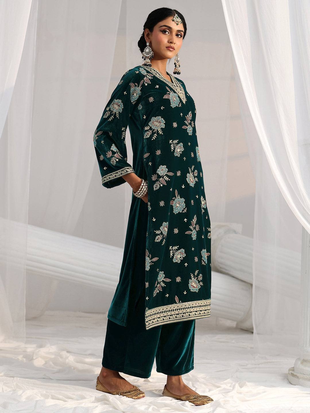  Libas Peacock Green Floral Embroidered Velvet Straight Suit Set 