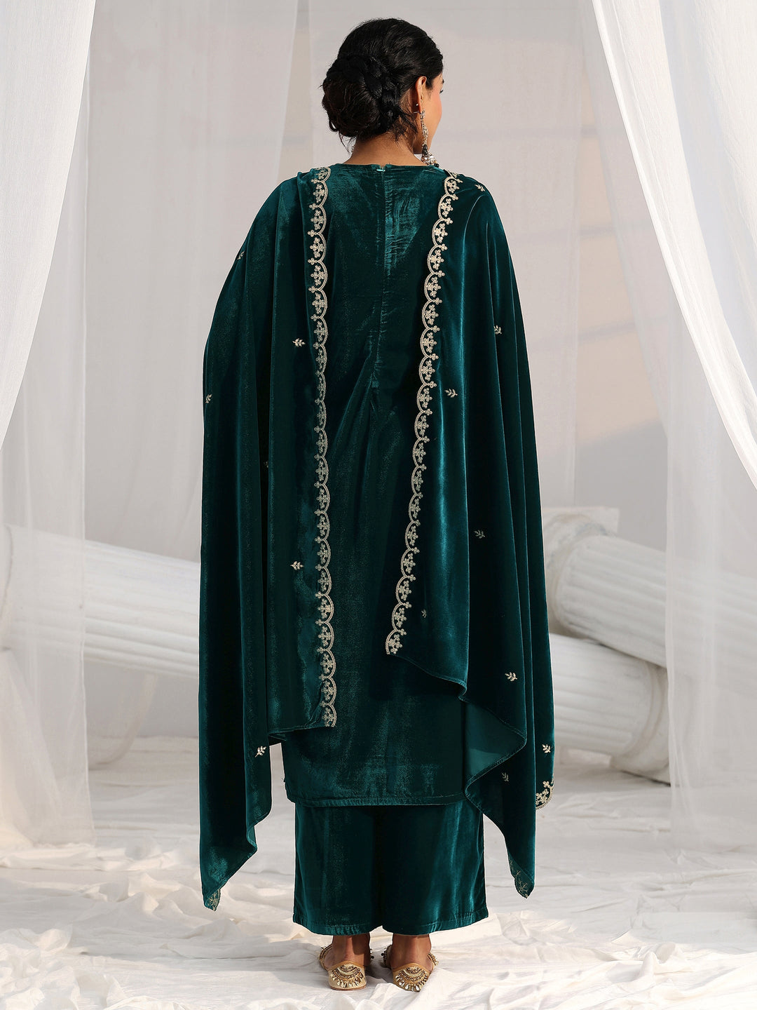  Libas Peacock Green Floral Embroidered Velvet Straight Suit Set 
