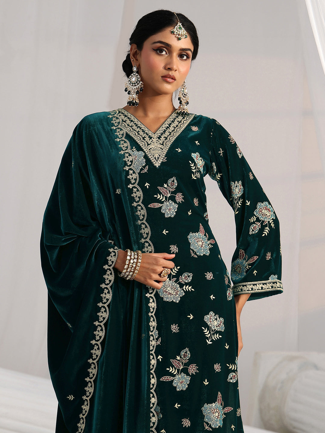  Libas Peacock Green Floral Embroidered Velvet Straight Suit Set 