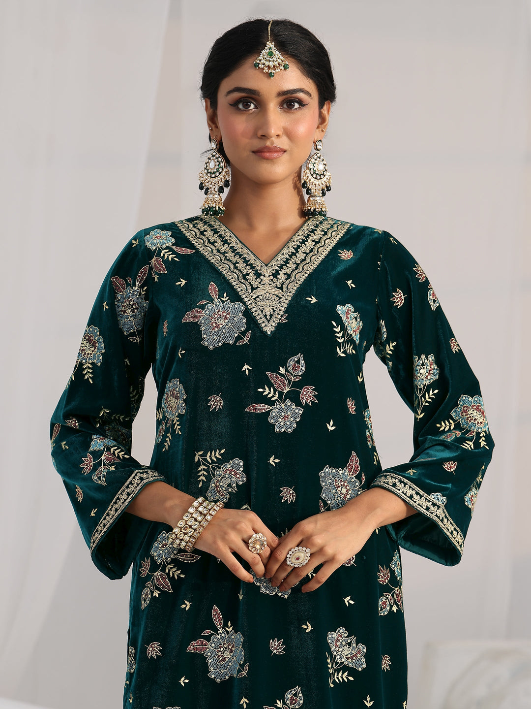  Libas Peacock Green Floral Embroidered Velvet Straight Suit Set 