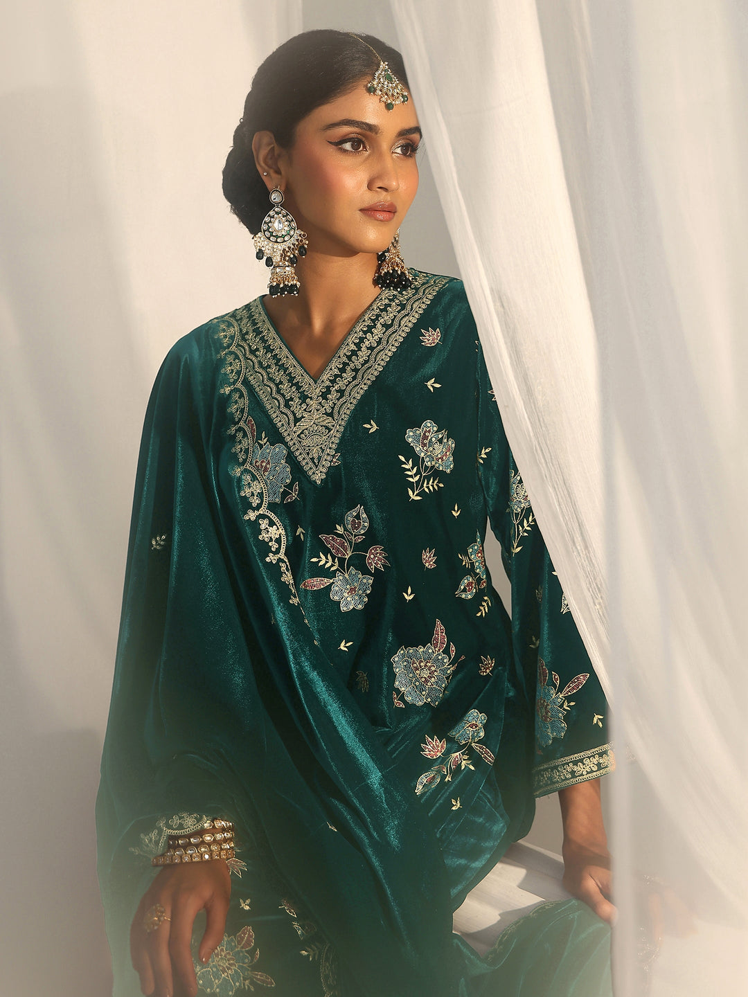  Libas Peacock Green Floral Embroidered Velvet Straight Suit Set 