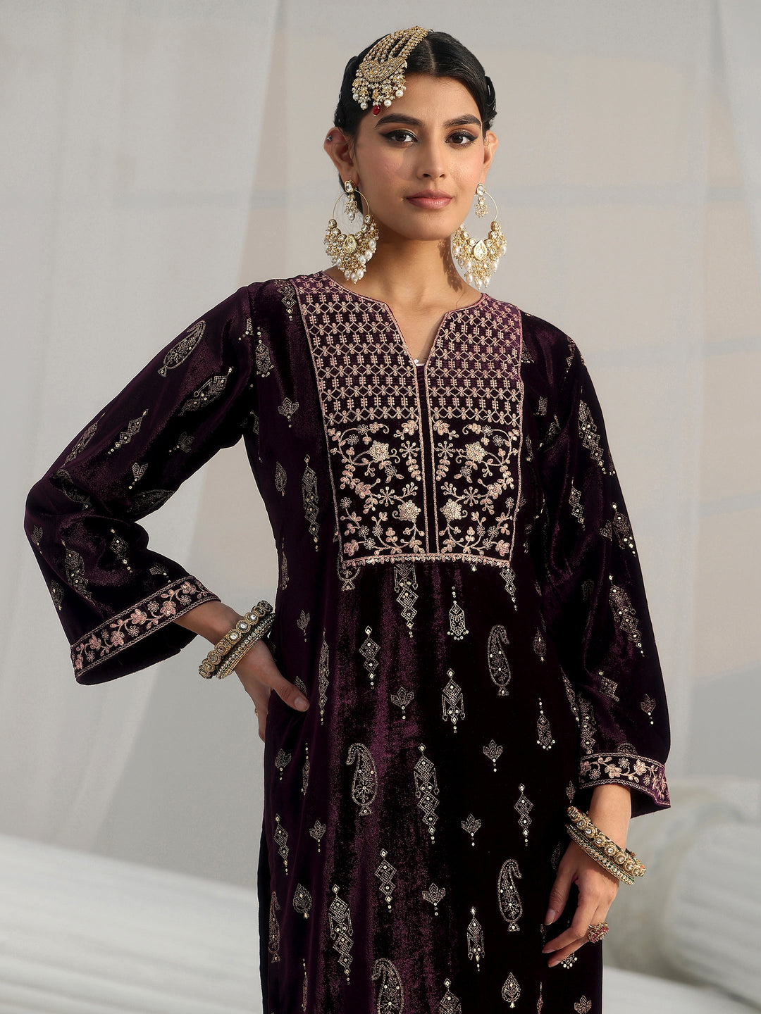  Libas Plum Puprle Floral Embroidered Velvet Straight Suit Set 