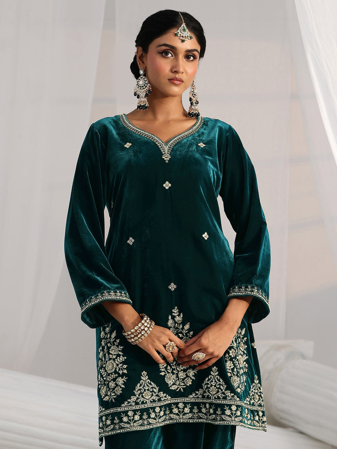  Libas Teal Green Floral Embroidered Velvet Straight Suit Set 