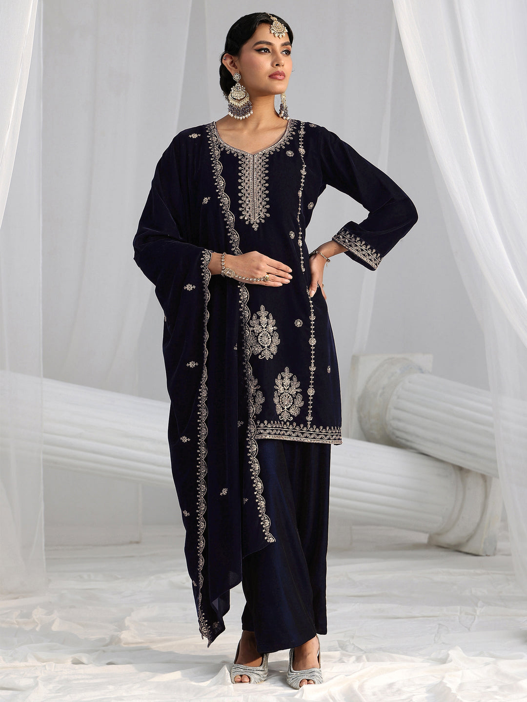  Libas Navy Blue Floral Embroidered Velvet Straight Suit Set 