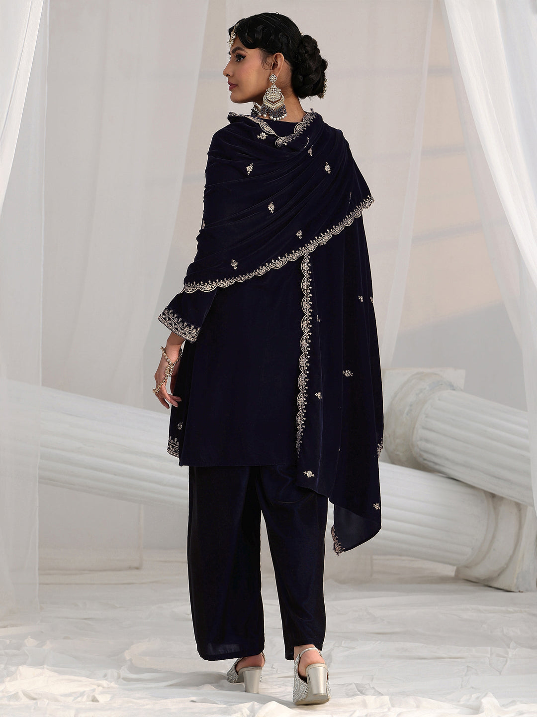  Libas Navy Blue Floral Embroidered Velvet Straight Suit Set 