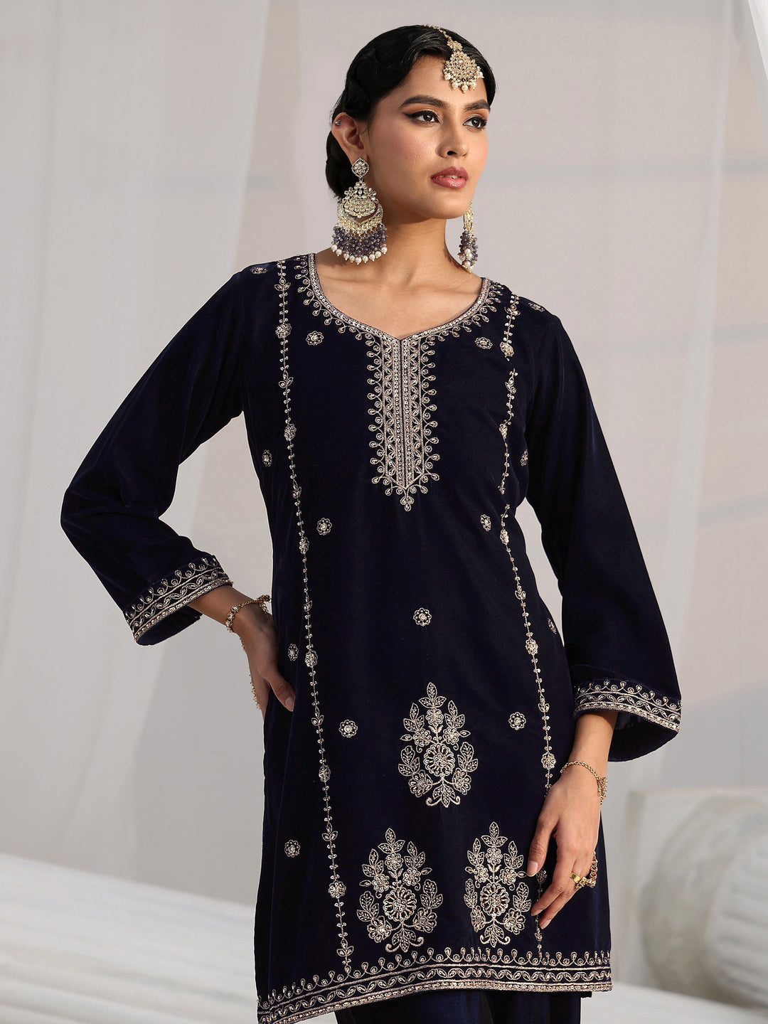  Libas Navy Blue Floral Embroidered Velvet Straight Suit Set 