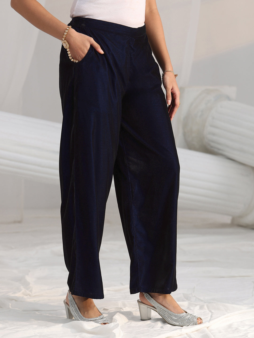  Libas Navy Blue Floral Embroidered Velvet Straight Suit Set 