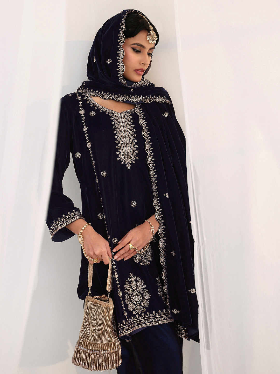  Libas Navy Blue Floral Embroidered Velvet Straight Suit Set 