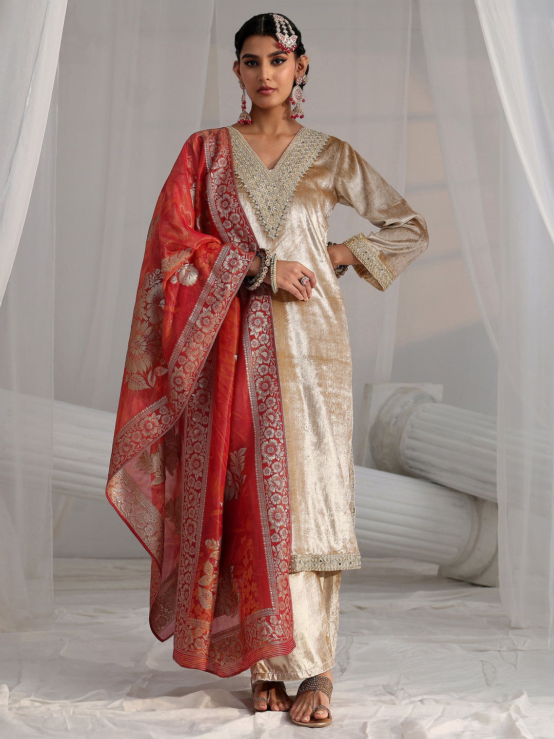  Libas Cream Embroidered Velvet Straight Suit Set 