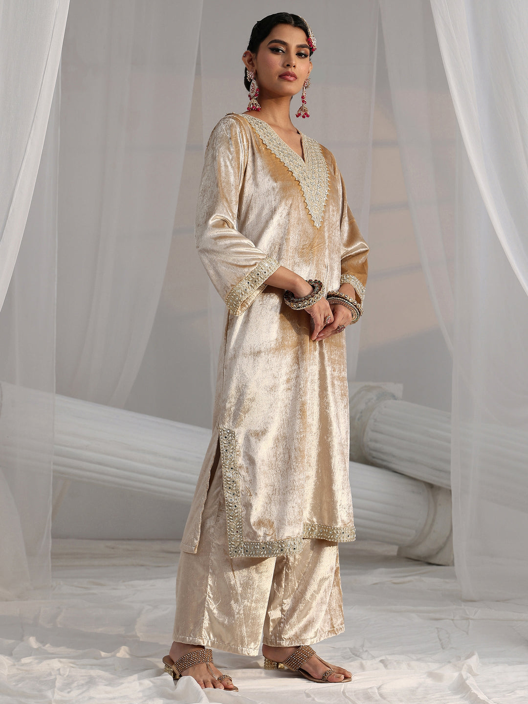  Libas Cream Embroidered Velvet Straight Suit Set 