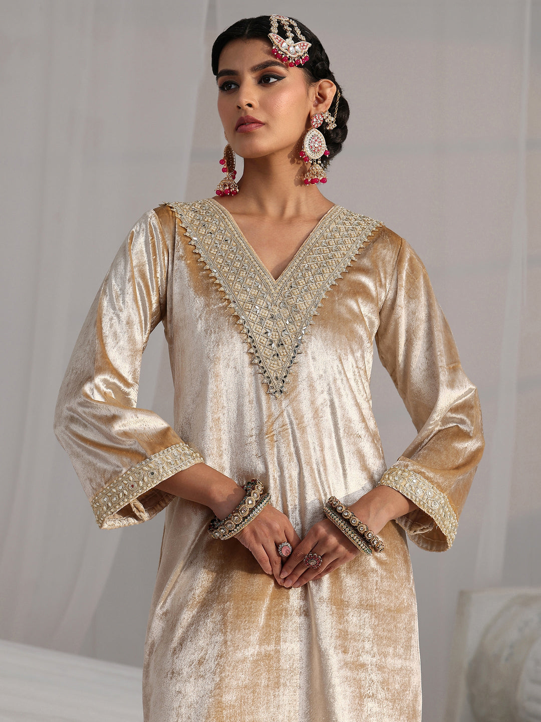  Libas Cream Embroidered Velvet Straight Suit Set 