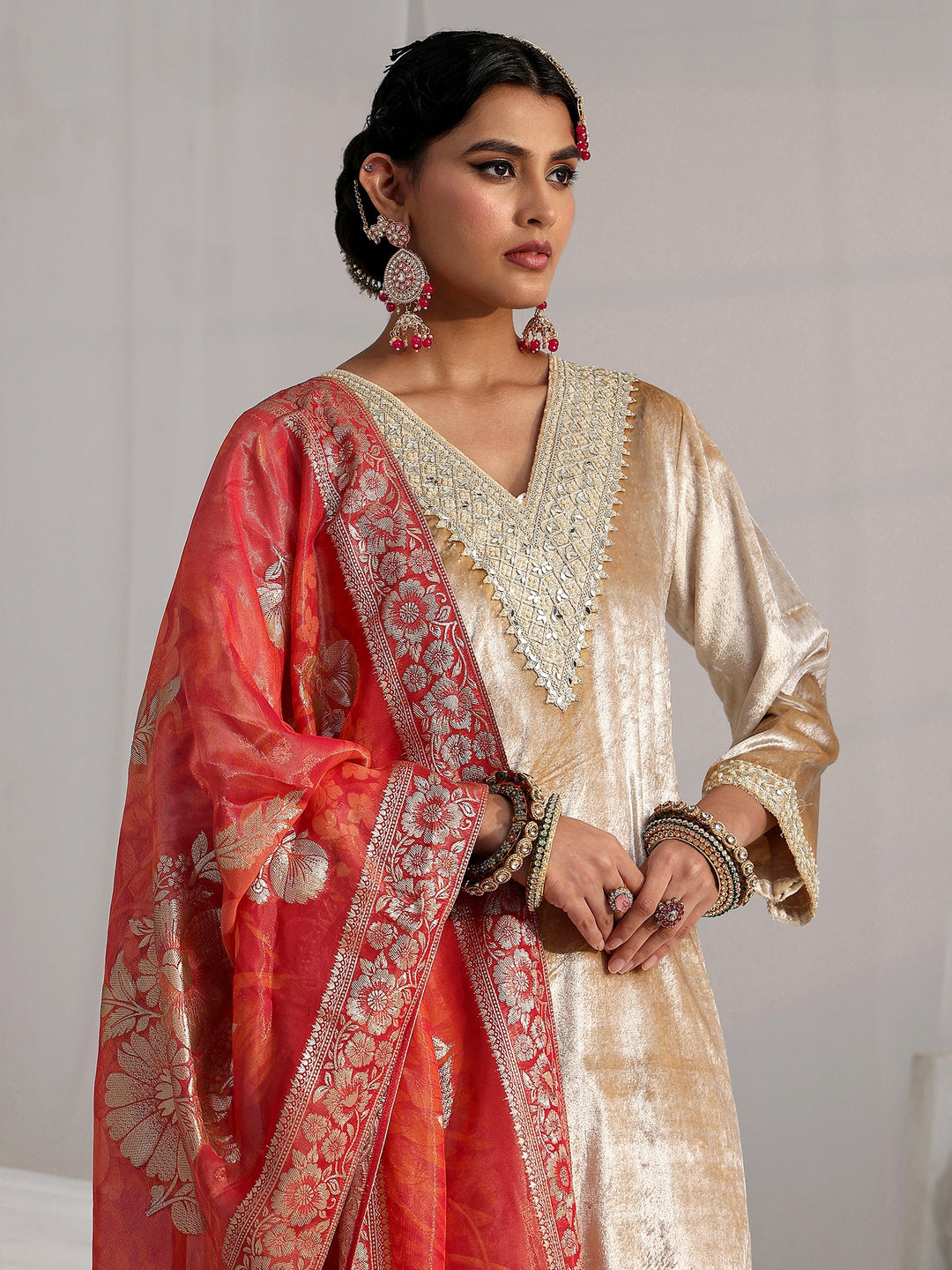  Libas Cream Embroidered Velvet Straight Suit Set 